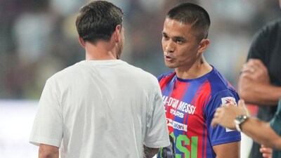Sunil Chhetri with Lionel Messi in India (AP)