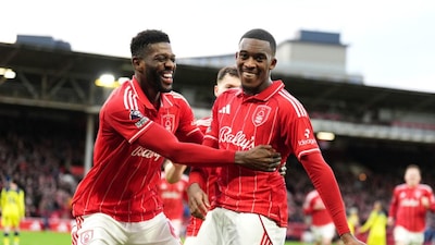Nottingham Forest's Callum Hudson-Odoi celebrates scoring their side's second goal during their English Premier League soccer match in Nottingham, Sunday, Dec. 14, 2025. (Martin Rickett/PA via AP)