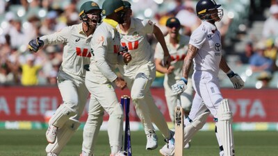 Australian players celebrate after England's Ben Stokes, right, was dismissed during play on day four of the third Ashes Test (Picture credit: AP)