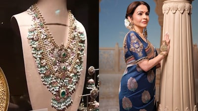 Swadesh features ‘The Master’s Pavilion’, which is an exclusive exhibition showcasing the finest traditional crafts of India; Reliance founder-chairperson Nita Ambani wore a peacock-blue Benarasi sari woven using the historic Kadhua technique, which reflected Swadesh’s core vision. (Image: @ril_foundation/X)