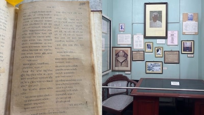 (Left) ‘Vande Mataram’ was first published in the journal ‘Bangadarshan’, edited by Bankim Chandra Chattopadhyay; (right) The Bankim Bhawan Gaveshana Kendra in West Bengal’s Naihati has preserved the room, desk, and personal effects associated with the song's creation. (Image: News18)