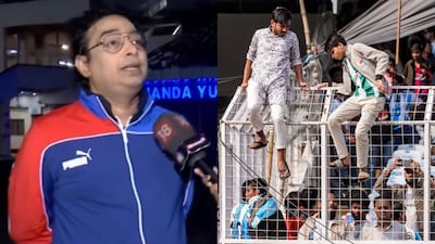 (Left) Satadru Dutta, the organiser of Argentine football legend Lionel Messi's event, 'G.O.A.T. India Tour 2025', in Kolkata; (right) people amid chaos during the event at Vivekananda Yuba Bharati Krirangan (VYBK) in Kolkata on December 13, 2025. (Image: News18/PTI)