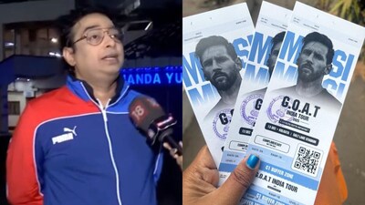 (Left) The organiser of Lionel Messi's Kolkata event, Satadru Dutta, was arrested for alleged mismanagement; (right) tickets to the Lionel Messi 'G.O.A.T India Tour 2025' event under the 'Satadru Dutta Initiative'. (Image: News18) 