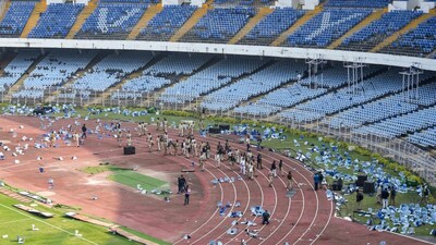 A top view of police and security personnel keep a vigil in the aftermath of chaos during Argentine footballer and 2022 FIFA World Cup winning captain Lionel Messi's 'G.O.A.T. India Tour 2025' event at Salt Lake Stadium, in Kolkata on December 13, 2025. (Image: PTI)