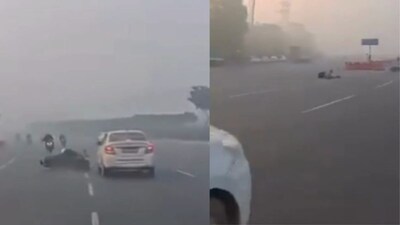 Due to the crash, the biker hit his head on the car and was thrown off the motorcycle, rolling a few metres before finally coming to a stop.  (X)