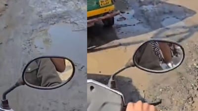 The video shows a stretch of road filled with potholes, slush and stagnant water. (Photo Credit: X)