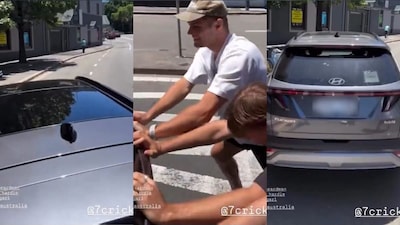 Perth Scorchers players push their Uber on the way to the stadium (Picture credit: Screengrab from X)
