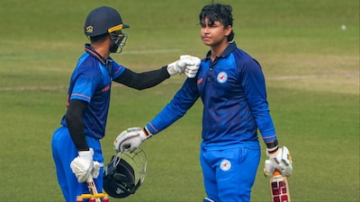 Vaibhav Sooryavanshi celebrates after completing his century. (Picture Credit: PTI)