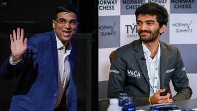 Viswanathan Anand (left) and D Gukesh. (PTI Photo)