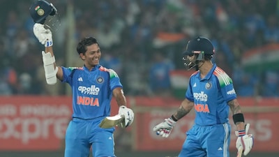 Yashasvi Jaiswal celebrates his maiden ODI hundred in Vizag (AP Photo)