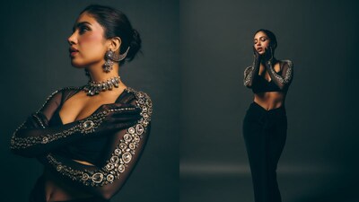 Bhumi Pednekar adorned a conceptual gloved blouse encrusted with uncut Kundan stones and a draped skirt.