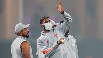 Hardik Pandya (centre) bowls during a warm-up session in Lucknow. (PTI Photo)