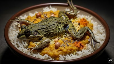 A dead frog was found in a midday meal at a Gokulpur school in Gwalior, prompting outrage and an inquiry by Ruchika Chauhan and Sojan Singh Rawat over food safety concerns. (AI Image)