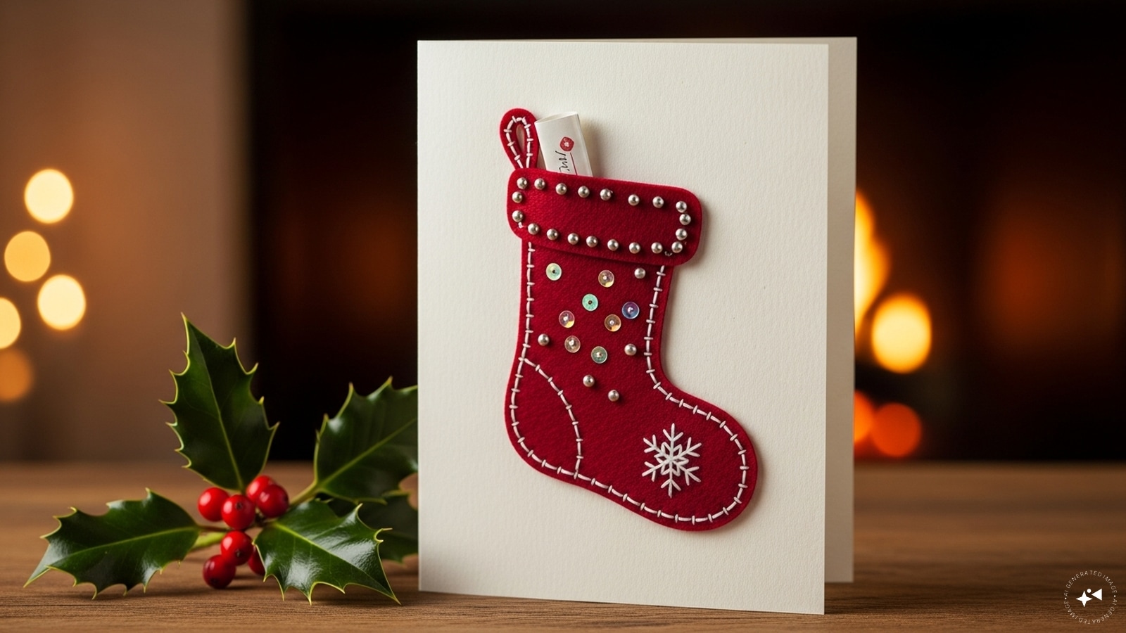 Felt Christmas Stocking Card: Cut a small stocking shape from felt and attach it to the front of your card. Decorate with tiny beads, sequins, or stitched details. This creates a tactile, cozy effect reminiscent of hanging stockings by the fireplace. You can even leave the stocking slightly open to tuck a tiny note or treat inside.