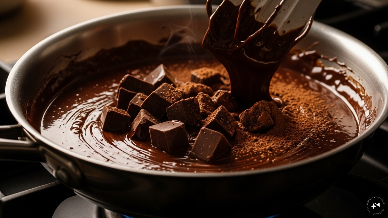 Step 1: Take a pan and add in dark chocolate cubes. Once the chocolate cubes start melting, add in cocoa powder. Now, mix it together. Step 1: Take a pan and add in dark chocolate cubes. Once the chocolate cubes start melting, add in cocoa powder. Now, mix it together.