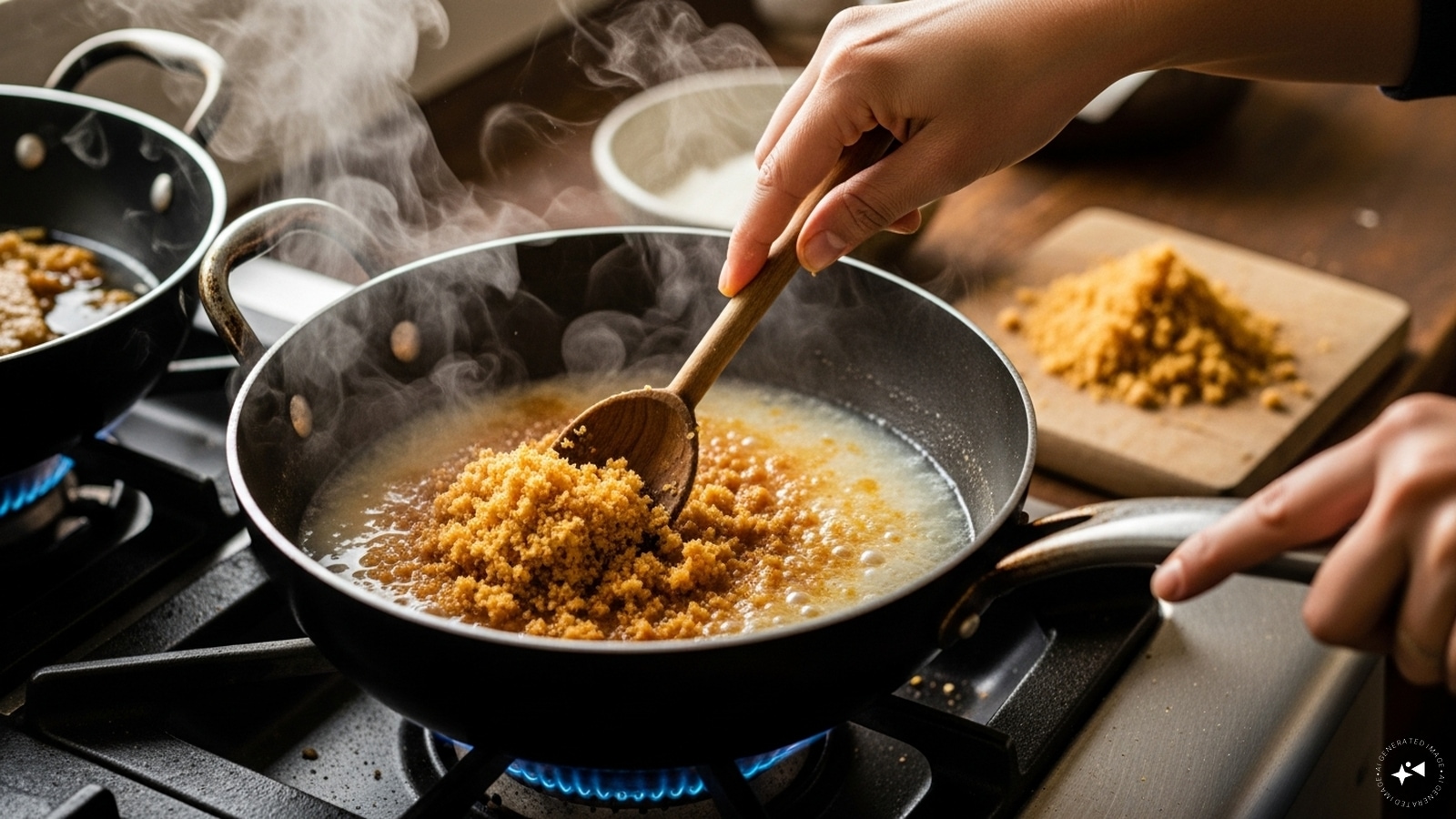  In another pan, heat 2 cups of water or milk and add 1 cup of grated jaggery. Mix till the jaggery melts fully. 