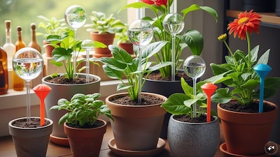 Self-Watering Globes or Stakes: These devices slowly release water into the soil over time, perfect for short trips. (Image: AI-Generated)