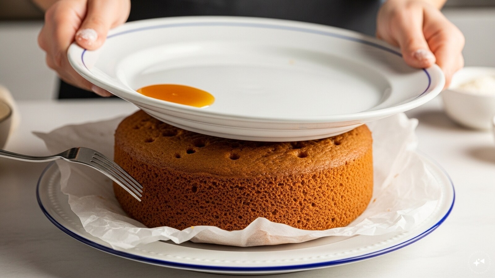  Step 7: Once the cake has cooled, carefully invert it onto a platter and remove the parchment paper. Place an upside-down platter on top of the cake and flip it again. Make sure the platter is large enough to hold both the cake and the vanilla sauce you'll be preparing. Use a fork (or two) to poke holes all over the cake, allowing it to absorb the vanilla sauce more effectively.