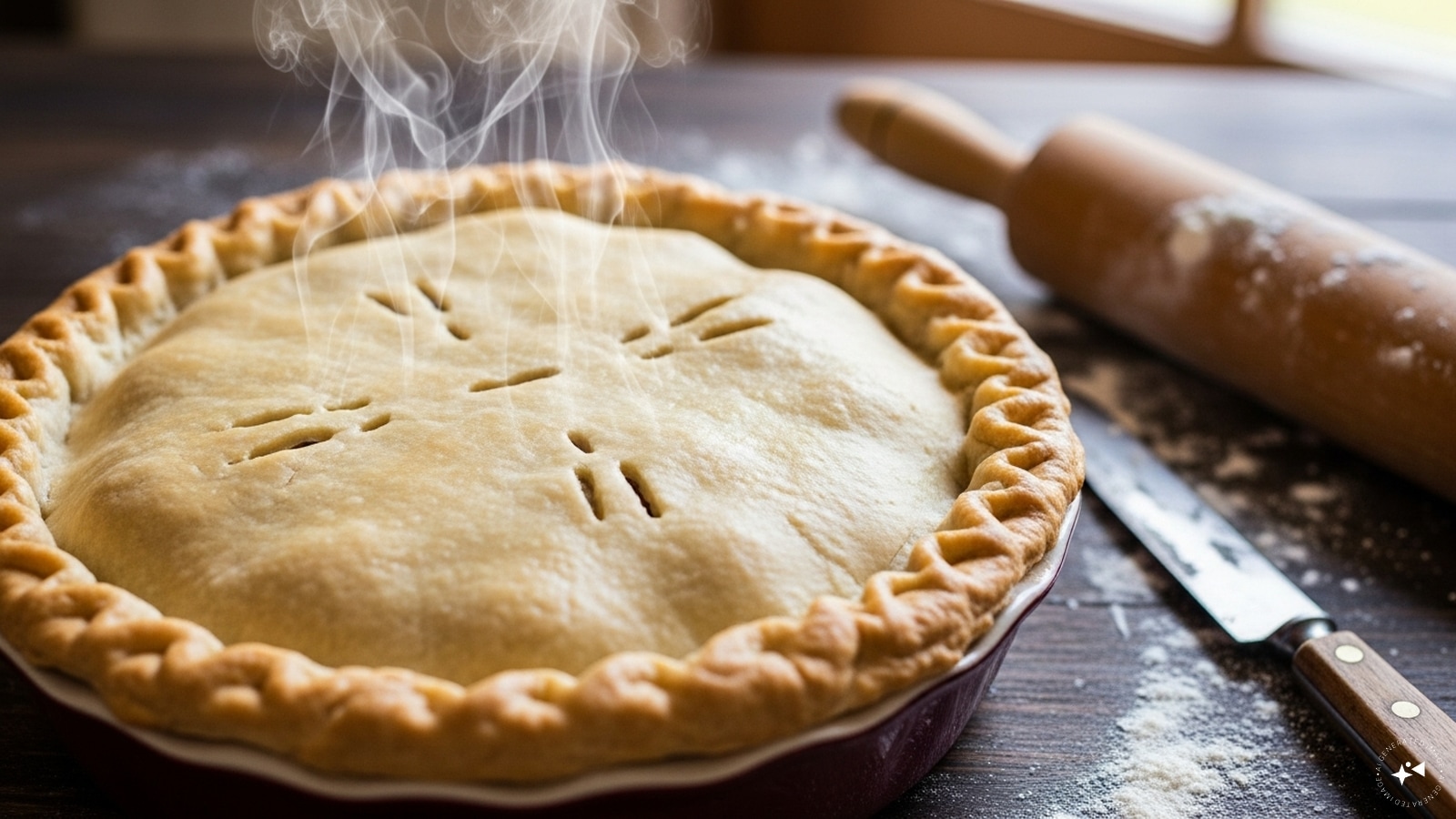 Then top the crust on the dish, seal the edges tightly, and cut a few vents in it so that steam can escape slowly.