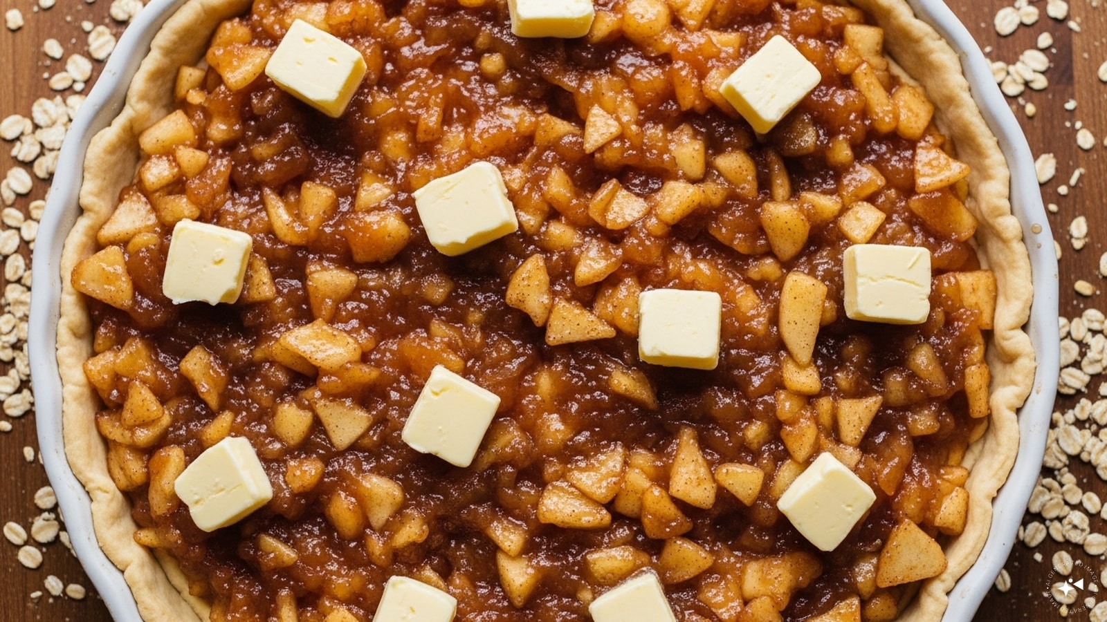 Put the apple mixture on top and spread it out evenly. Dot the filling with little pieces of butter to keep the moisture level even.