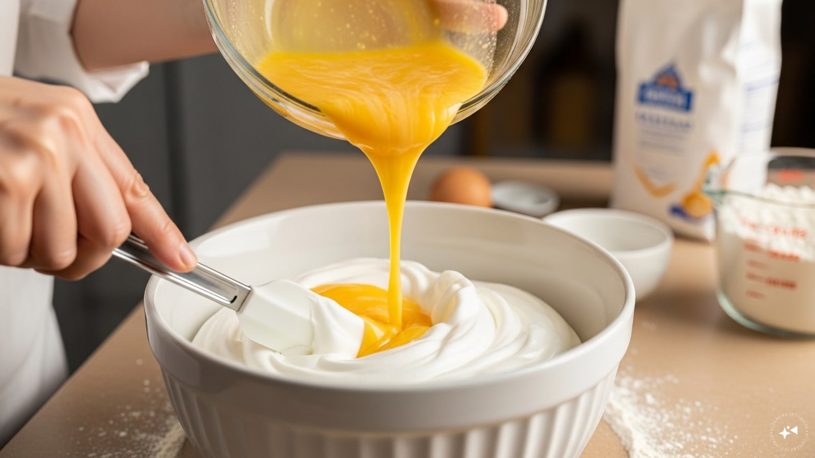  Step 5: Gently pour the egg yolk mixture into the beaten egg whites. Using a spatula, fold them together in circular motions until you achieve a smooth, uniform batter. Be careful not to deflate the air whipped into the egg whites. Next, fold in the flour, scraping the sides of the bowl with the spatula to ensure the flour is fully incorporated.