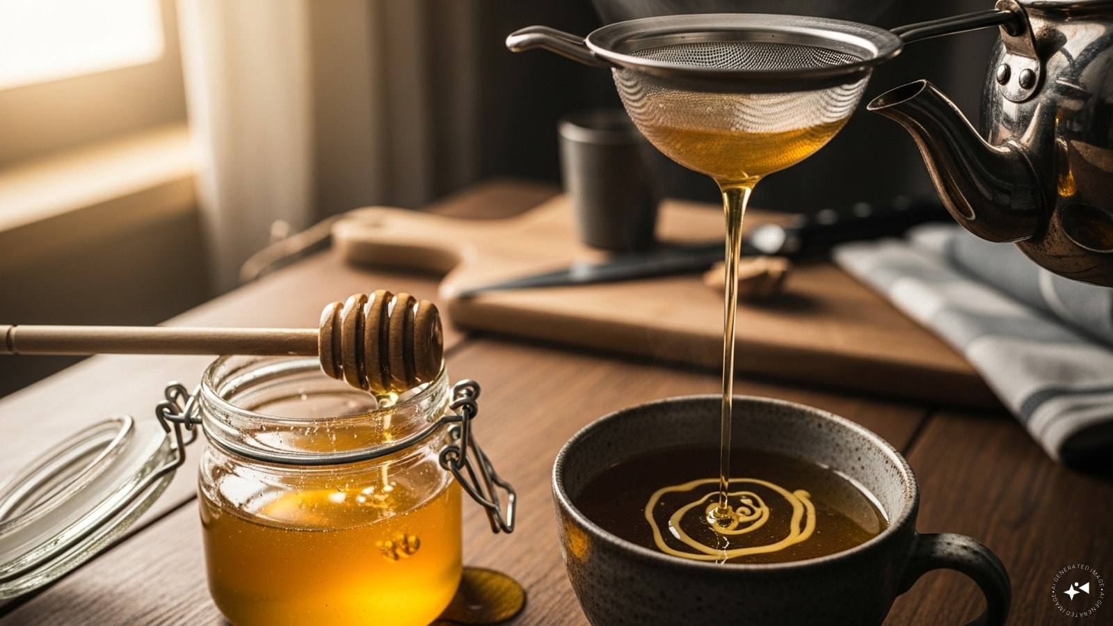 Now, strain into a cup and mix with the honey. Now, strain into a cup and mix with the honey.