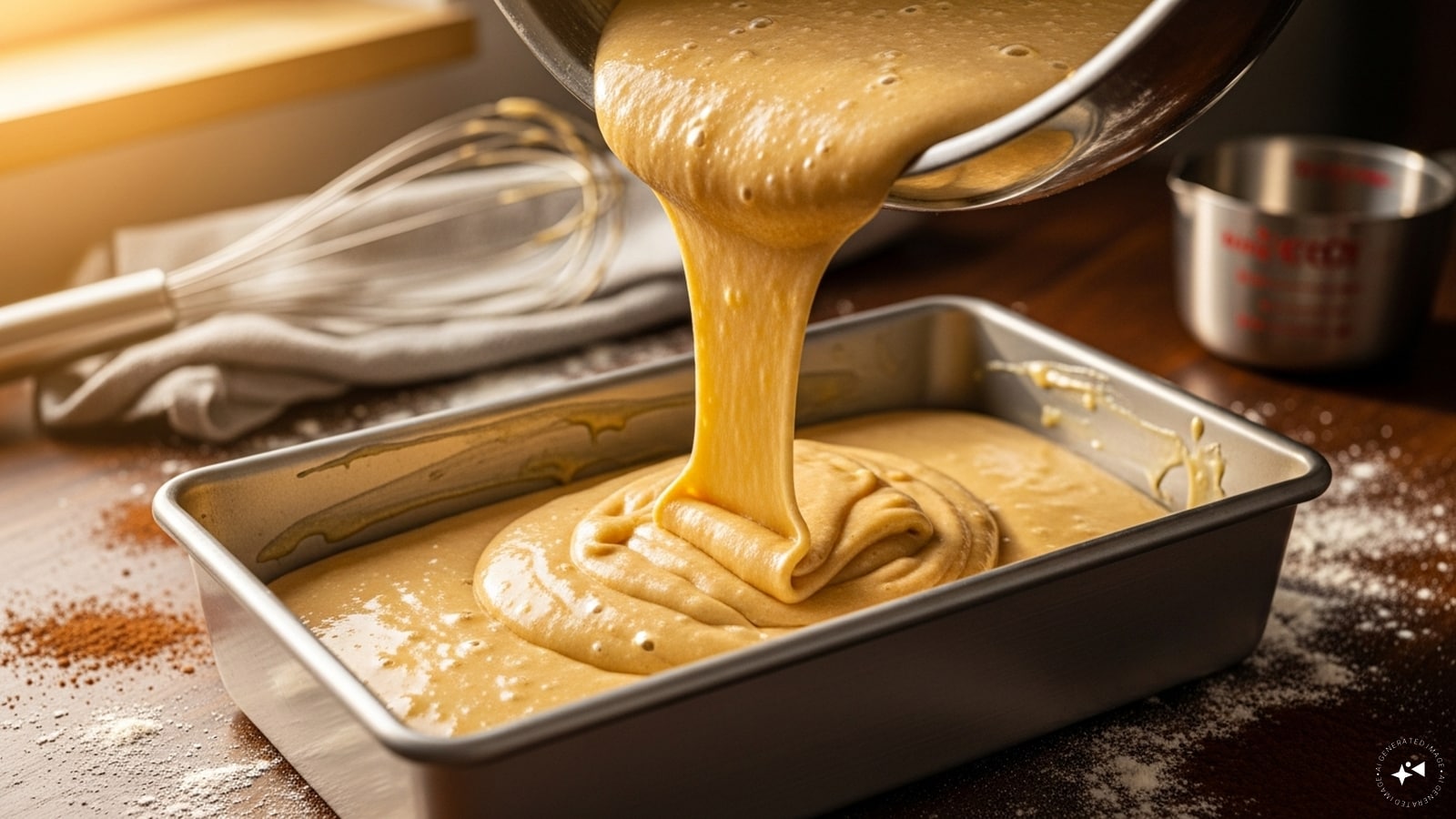 Now pour the batter into a greased pan and bake for about an hour. 