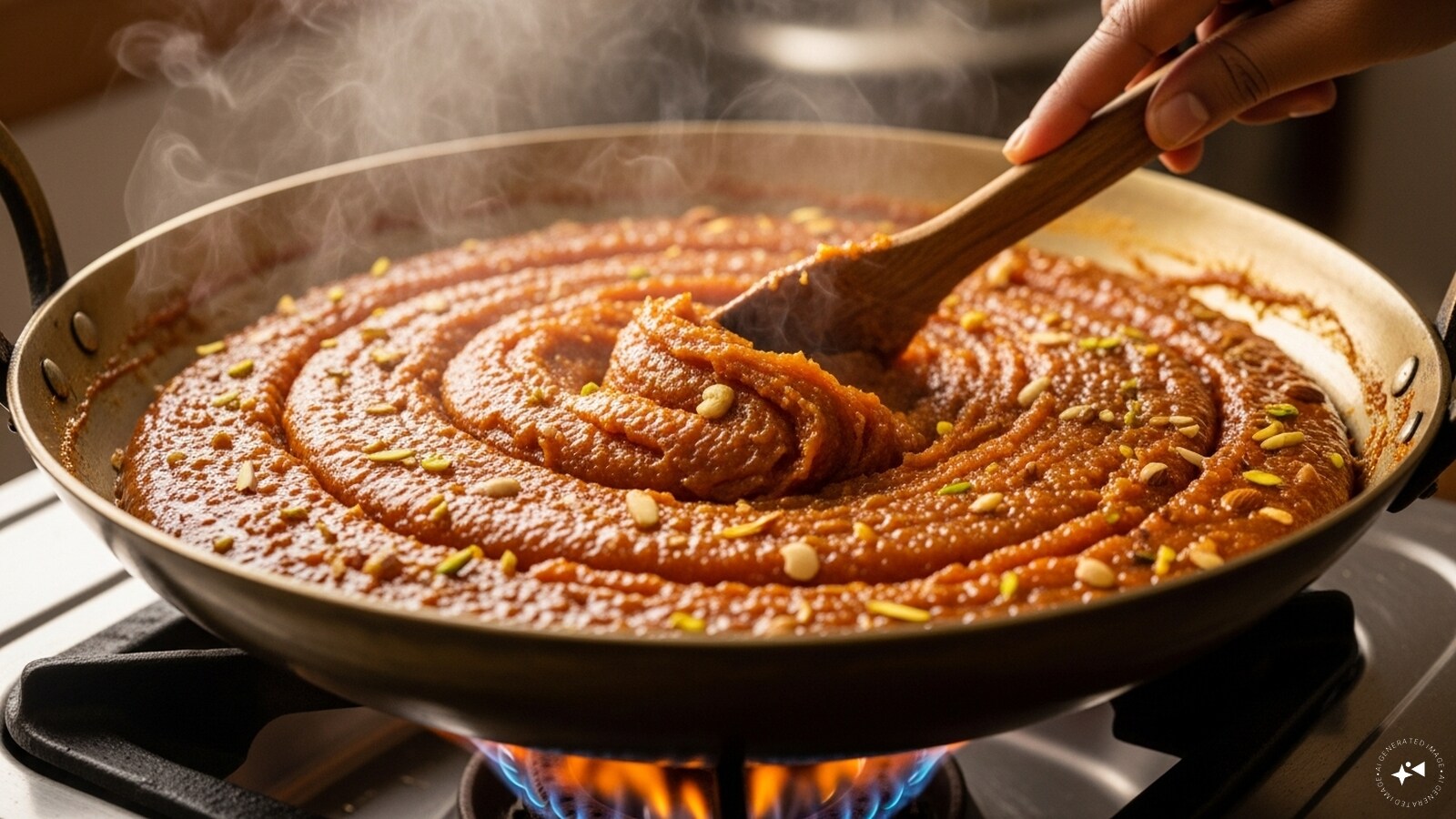 Cook on a low flame, stirring continuously until the halwa thickens and starts to pull away from the sides of the pan.