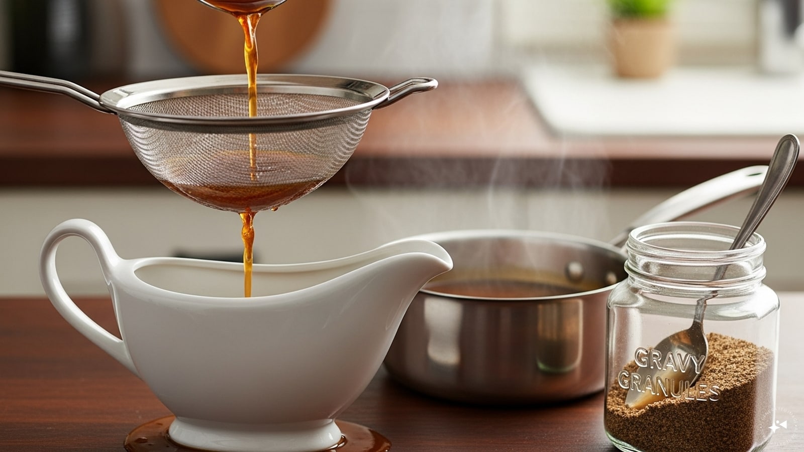 Step 6: Strain the cooking liquor through a sieve and use as a thin gravy. You can also thicken it by simmering in a saucepan or adding a couple of teaspoons of gravy granules. 