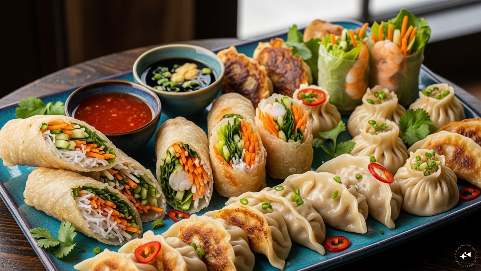 Spring Rolls and Dumplings: Asian‑inspired finger foods add variety to your spread. Crispy spring rolls or steamed dumplings with dipping sauces are always a hit. They’re light yet flavorful, perfect for guests who want something savory without feeling too full.