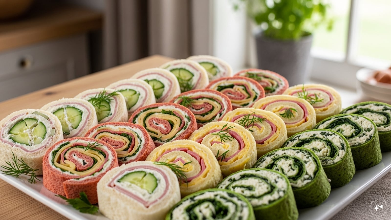 Pinwheel Sandwiches: Colorful and hearty, pinwheel sandwiches are made by rolling tortillas with fillings like turkey, sun‑dried tomato, or hummus and veggies, then slicing them into bite‑sized rounds. They’re visually appealing and easy to prepare in advance.
