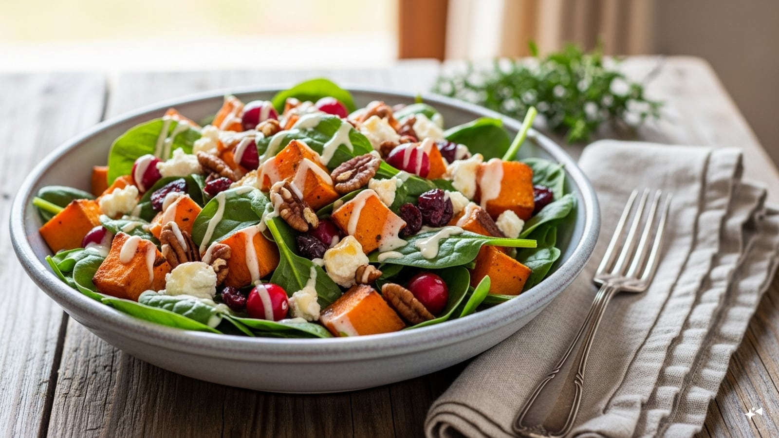 Combine the roasted sweet potatoes with fresh greens and crunchy nuts in a large mixing bowl.