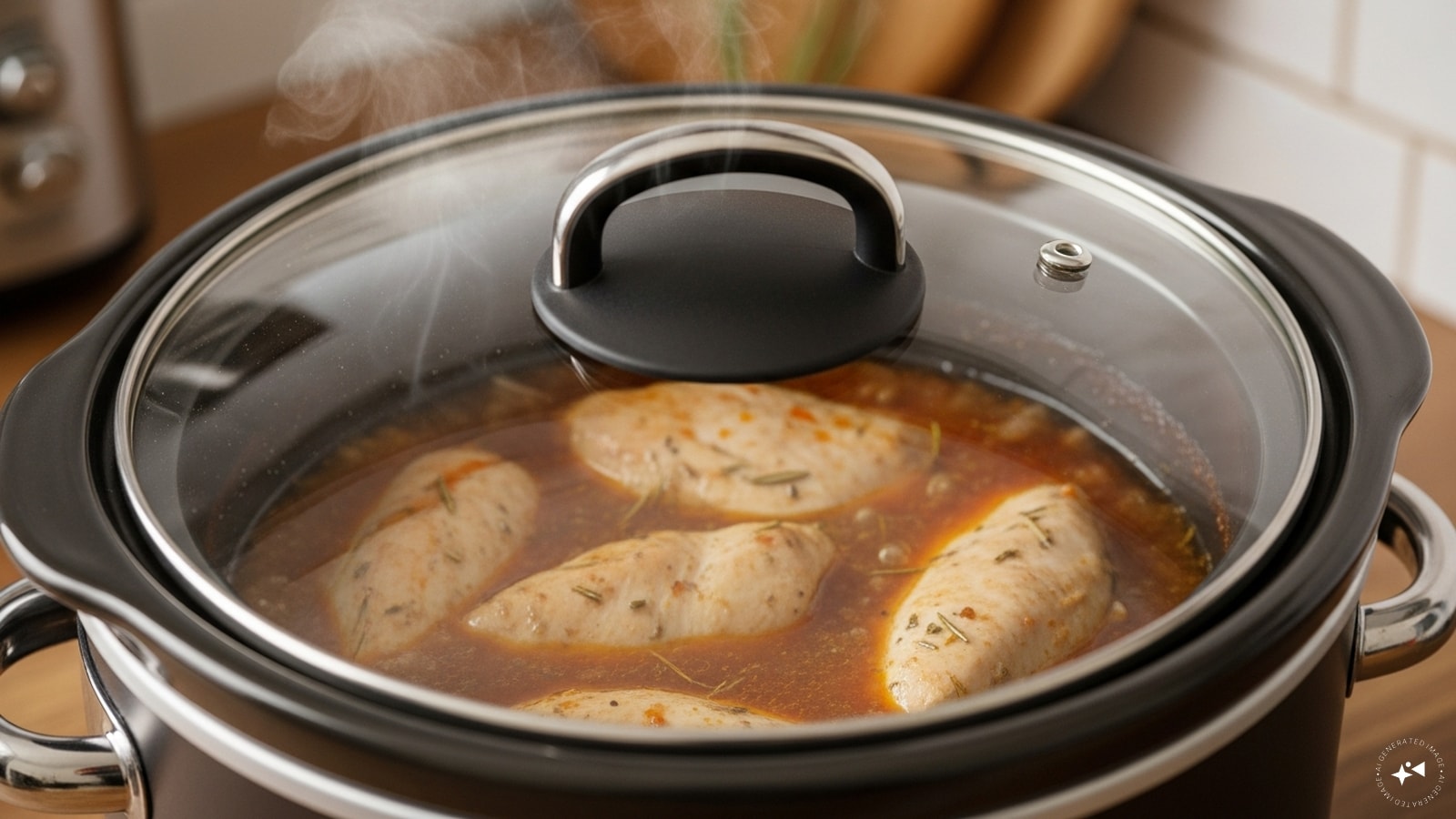 Step 3: Now, cover the slow cooker with the lid and cook on high for 4-41/2 hours or until the chicken is tender and thoroughly cooked. The meat should be almost falling off the bones. 