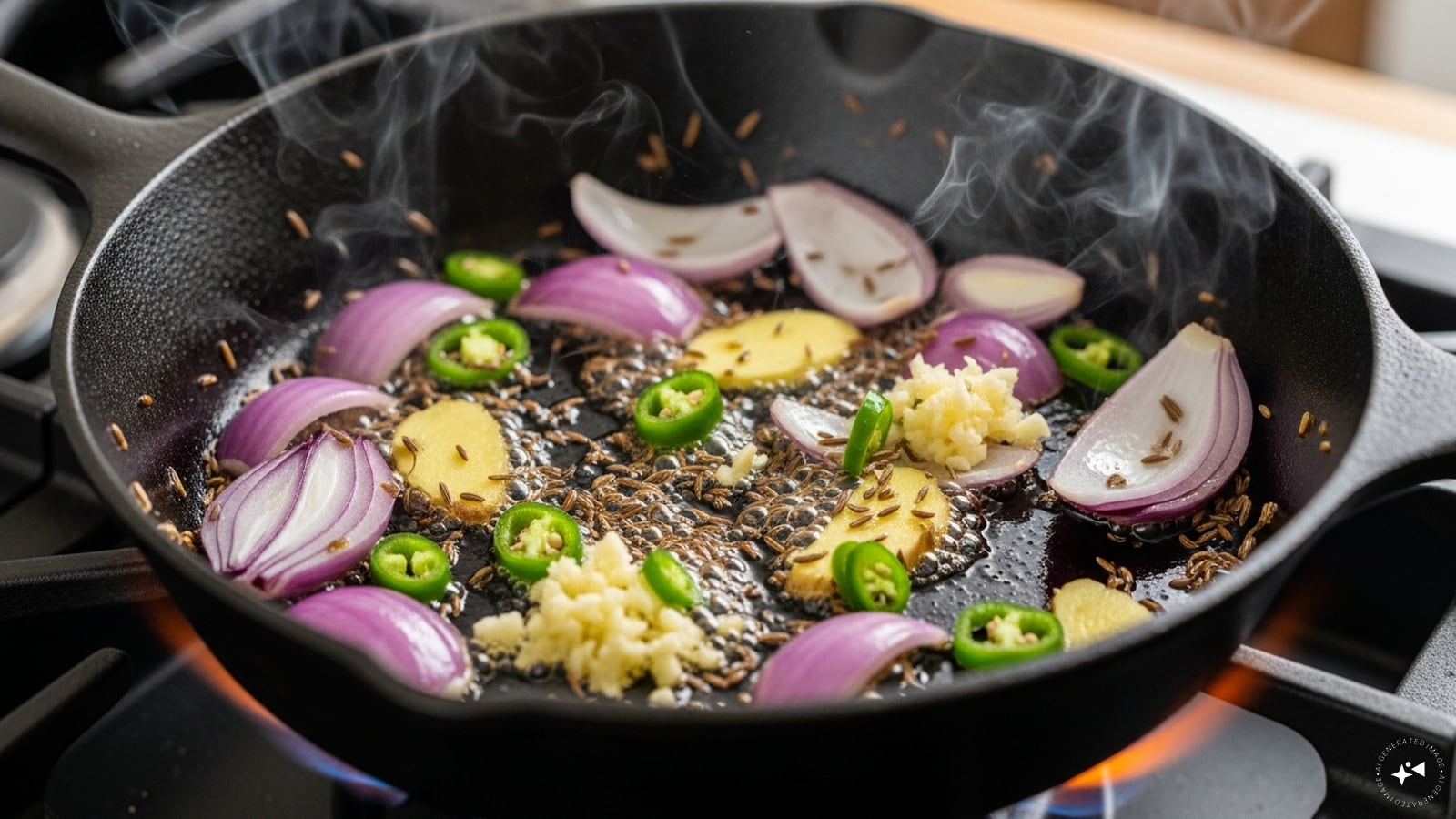 Heat some ghee and saute cumin seeds, onion, ginger, garlic, and green chillies.