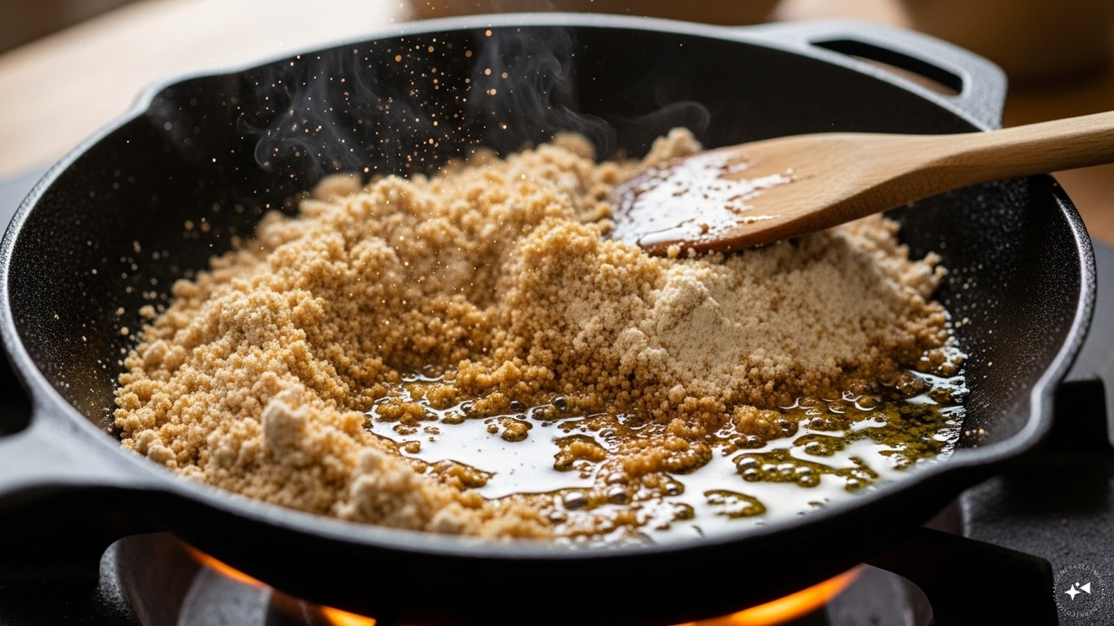  In a pan, heat ½ cup of ghee. Reduce the flame to low and add 1 cup of atta or suji. Roast it gently until it turns golden brown and releases a fragrant aroma.