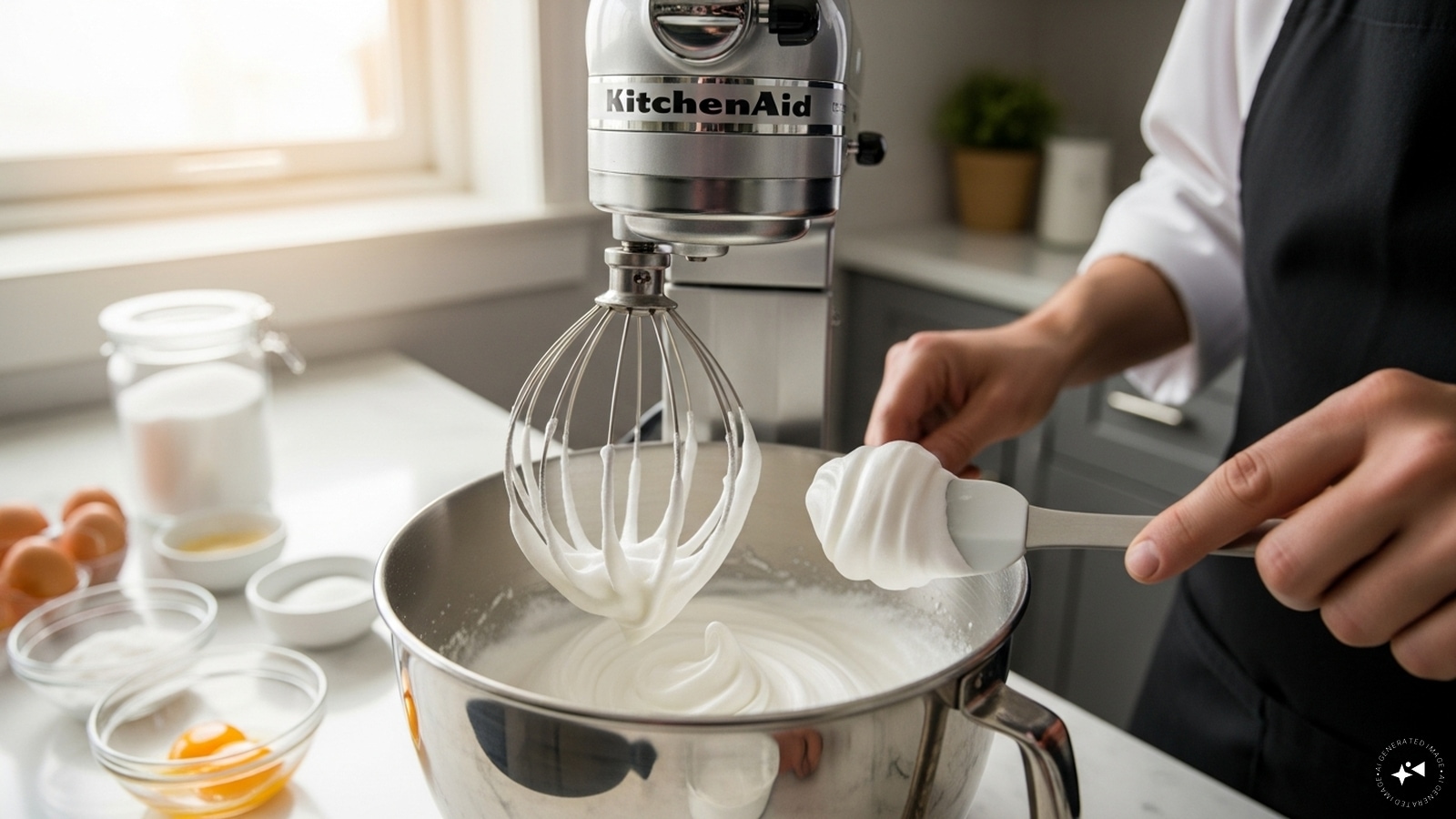  Step 2: Pour the egg whites into the bowl of your mixer and beat on medium-high speed for 4 to 5 minutes, or until they hold soft peaks. 