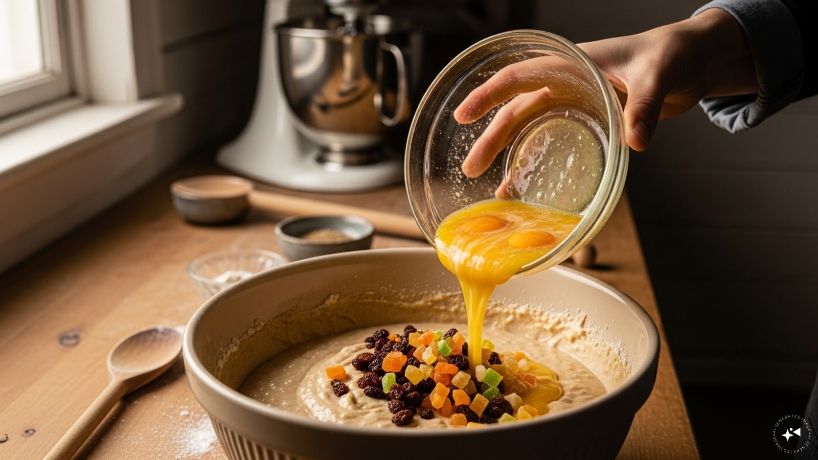 Mix the butter and eggs with the fruit mixture. Combine all the dry and wet ingredients.