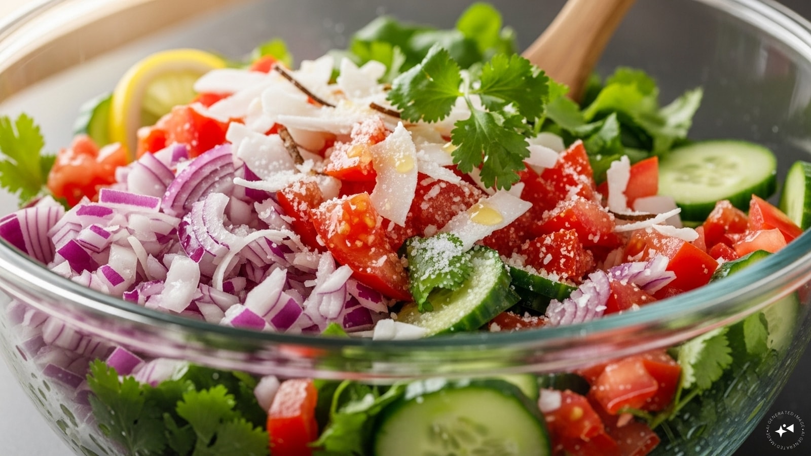 In a separate mixing bowl, add chopped onion, tomato, grated coconut, cucumber, coriander leaves, lemon juice, sugar, and salt and give them a good mix.