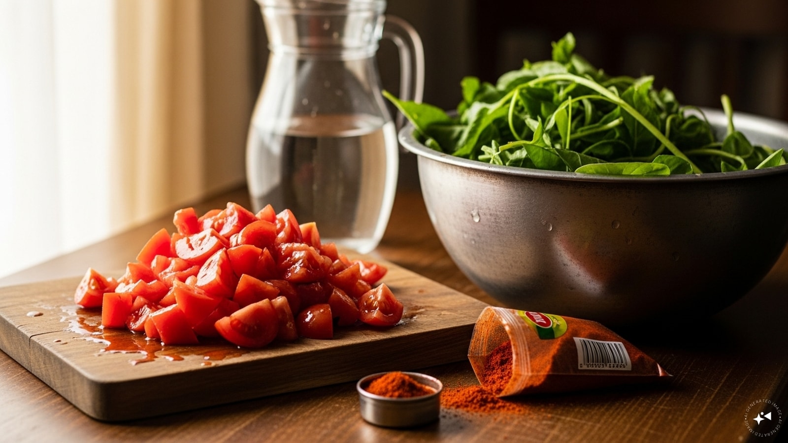 Now, add chopped tomatoes. Mix the greens, water, red chilli powder, and hing. 