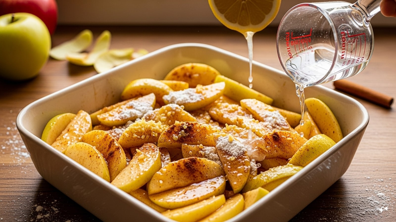 Step 2: Put the apples in a square baking dish and add lemon juice, cinnamon, ginger, sugar, flour and 100 ml water. Stir and bake for 15 minutes.