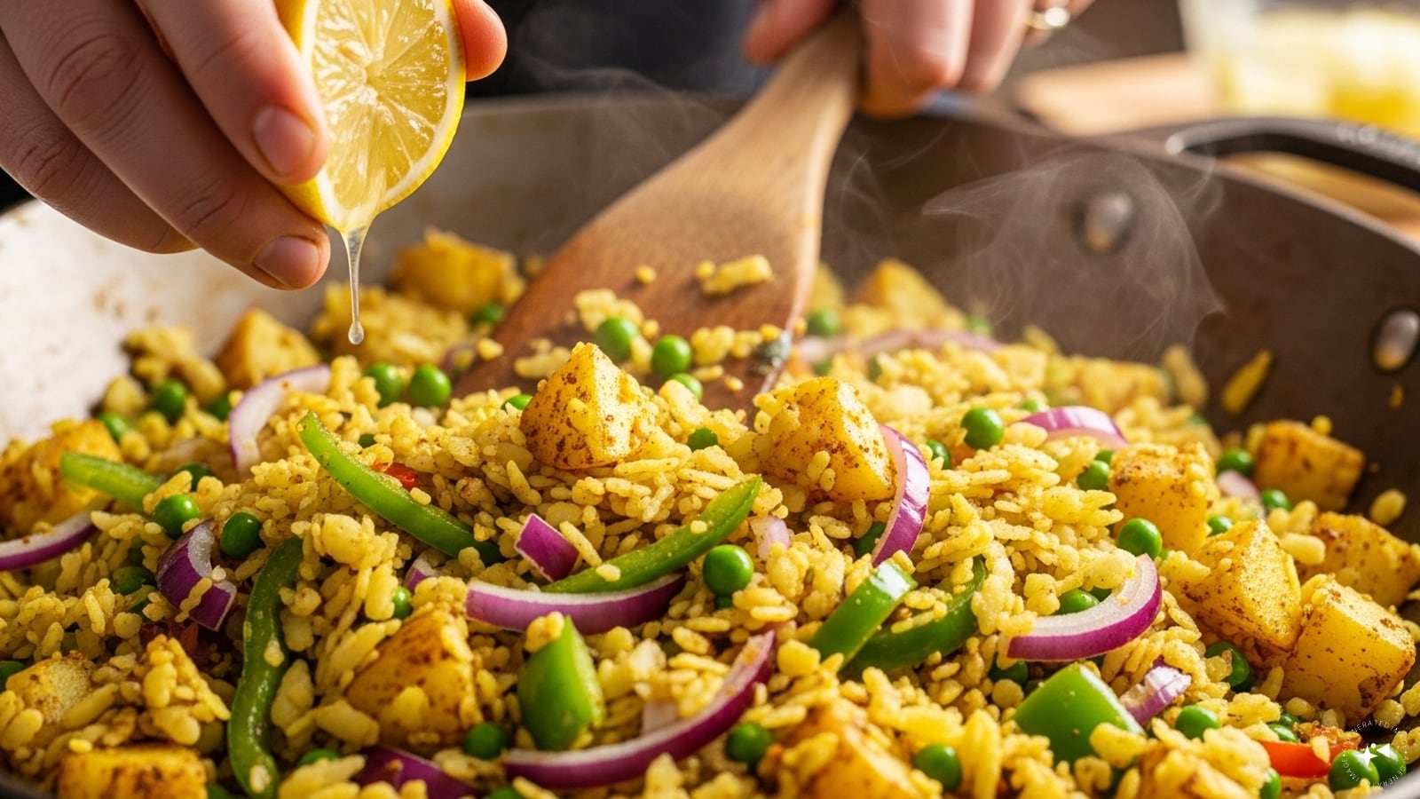 Then, add the moistened poha and lemon juice to the vegetable mixture and toss everything well to ensure an even coating of poha. 