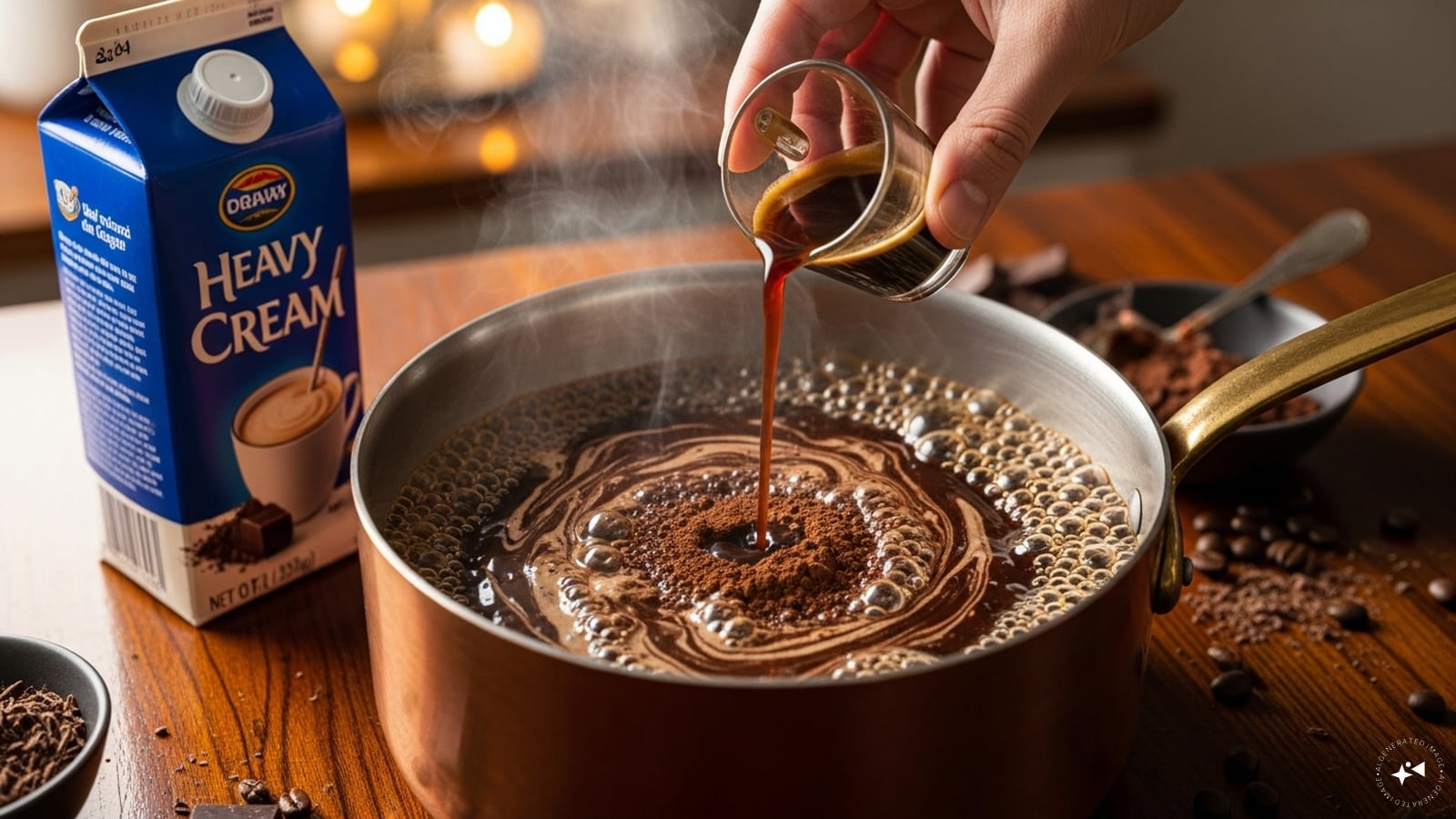 Step 2: After the cocoa powder and the melted chocolate is mixed, addin 2 coffee shots along with heavy cream. Simmer the blend for 3-4 minutes, till it is smooth and thick. Step 2: After the cocoa powder and the melted chocolate is mixed, addin 2 coffee shots along with heavy cream. Simmer the blend for 3-4 minutes, till it is smooth and thick.