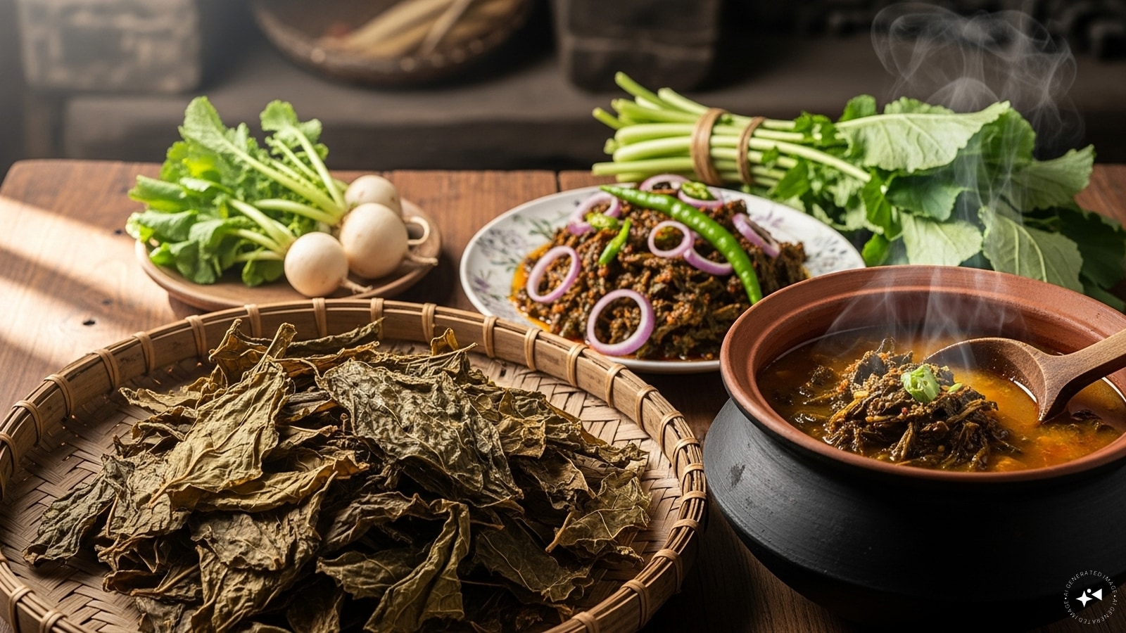 Himalayan Region: GundrukIn Sikkim (and parts of Nepal), Gundruk is a staple. Made from fermented leafy greens such as mustard or radish leaves, it is dried and later cooked into soups and curries. Gundruk is rich in fiber and probiotics, offering both nutrition and a distinct earthy flavor.