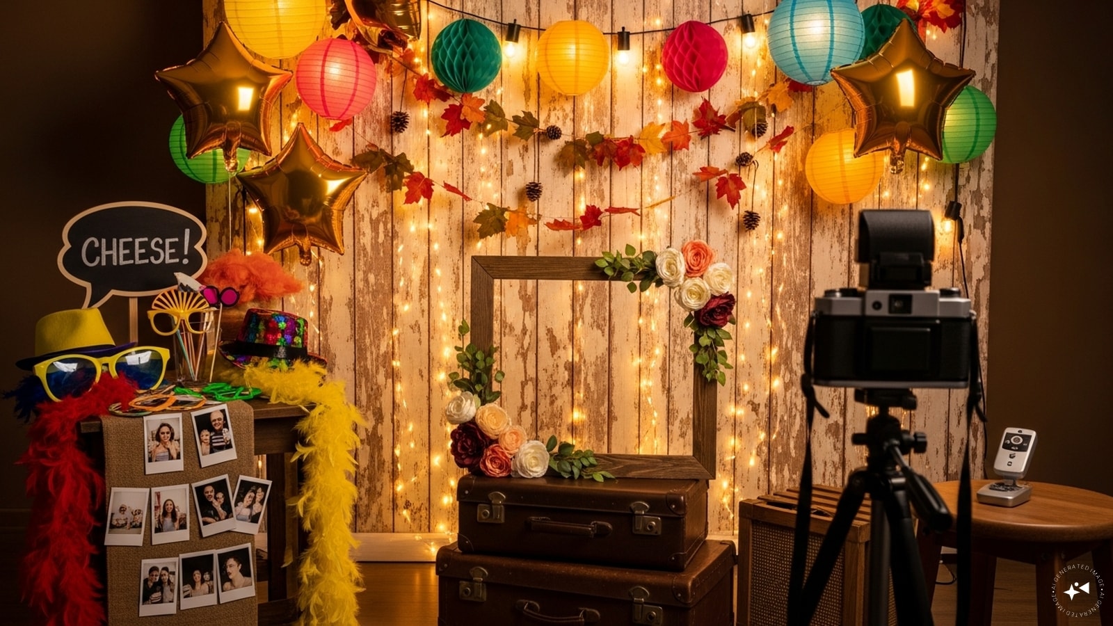 DIY Photo Booth Corner: Set up a fun photo booth with fairy lights, props, and a themed backdrop. Personalized signs, glitter curtains, and playful accessories encourage guests to capture memorable moments throughout the night. DIY Photo Booth Corner: Set up a fun photo booth with fairy lights, props, and a themed backdrop. Personalized signs, glitter curtains, and playful accessories encourage guests to capture memorable moments throughout the night.