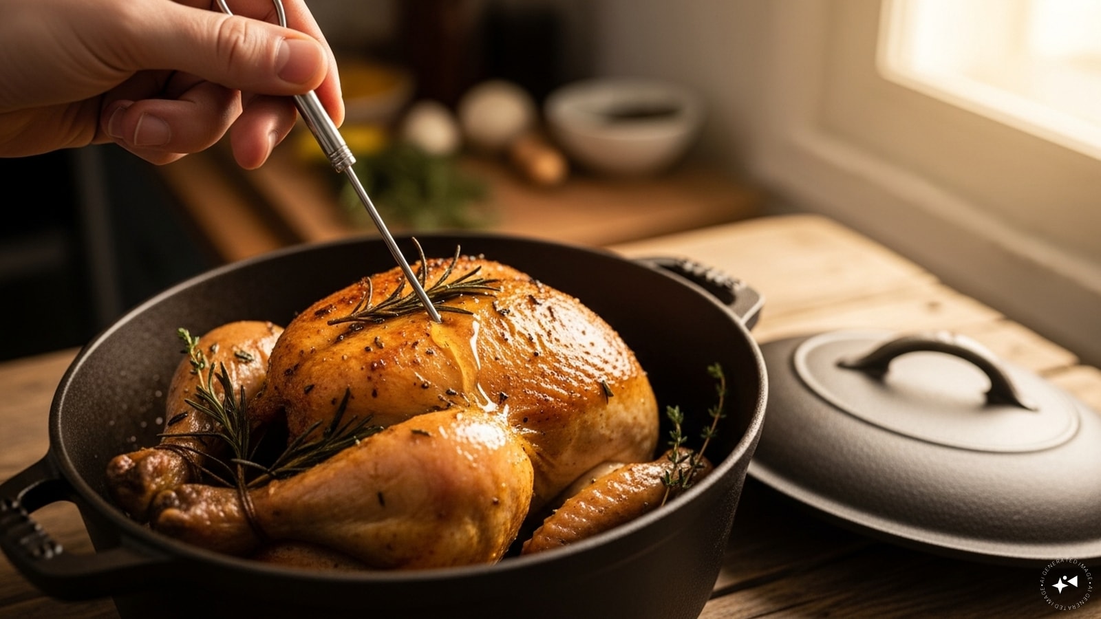 Step 4: Remove the lid and pierce the thickest part of the chicken with a skewer and make sure the juices run clear. If you wiggle one of the legs, it should move very easily. 