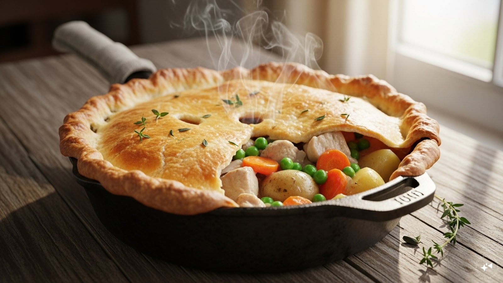 Return the cooked chicken to the skillet and give it a gentle stir. Cover the dish with puff pastry, cutting 1-inch slits on top for steam to escape. Cook on low heat for 20 minutes, until the crust is golden brown. Serve hot and enjoy!