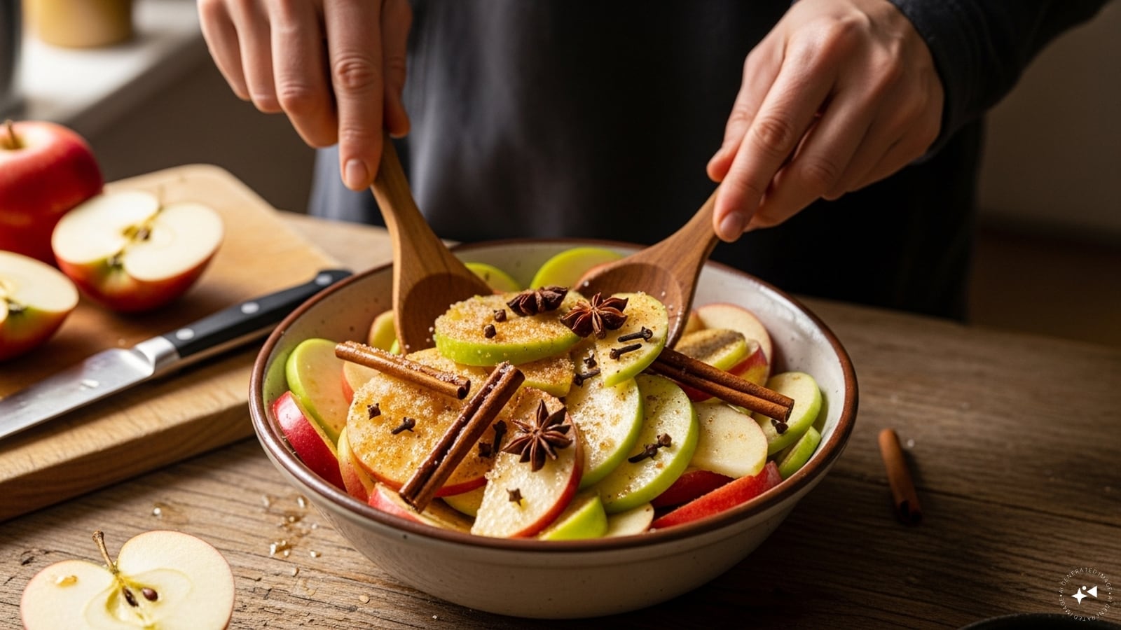Firstly, put the apple slices, sugar, spices, lemon juice in a bowl and mix them together. 