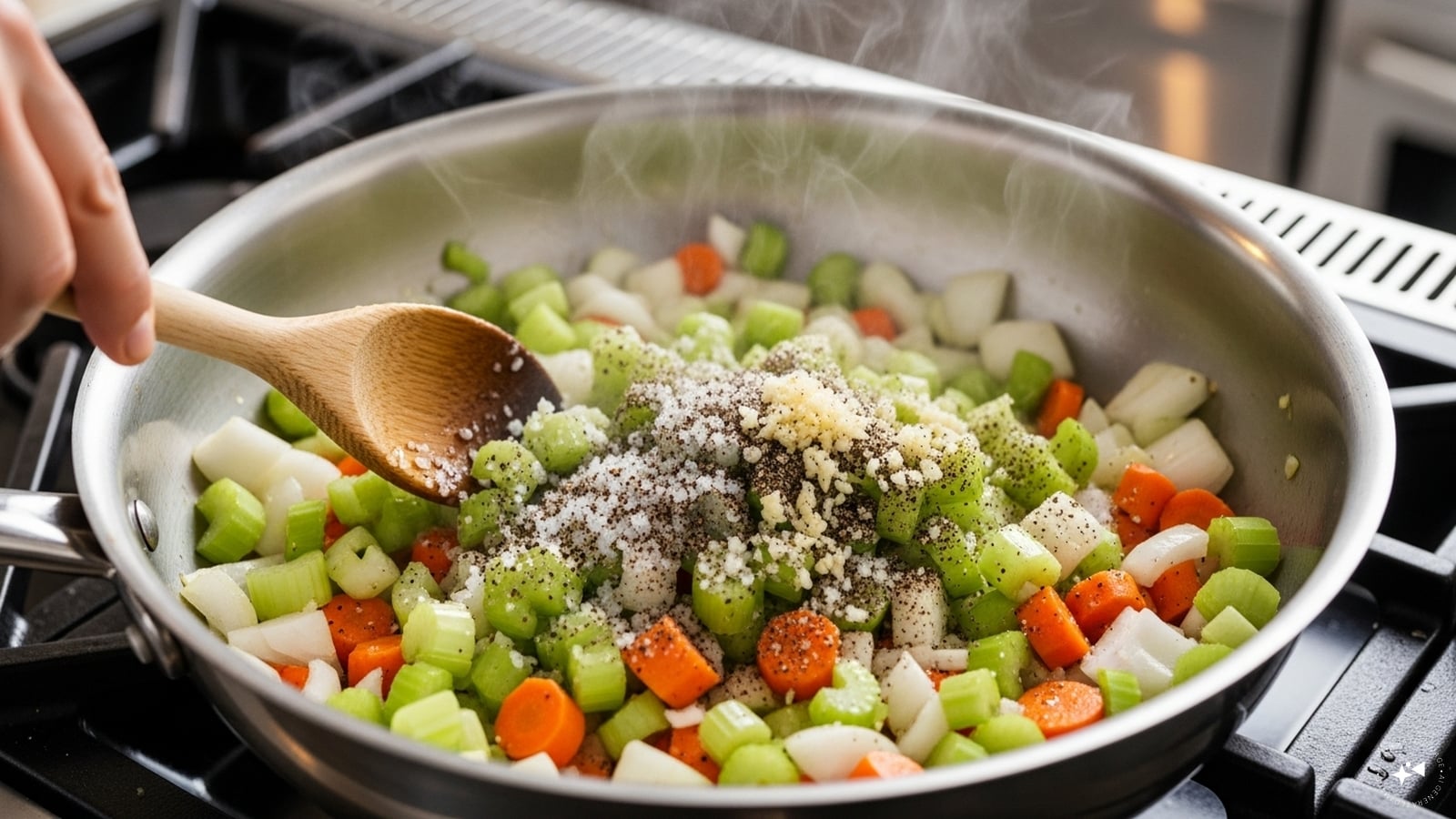 Then, add salt, black pepper, and minced garlic and stir. Cook for nearly 30 to 40 seconds until it is aromatic. Then, add salt, black pepper, and minced garlic and stir. Cook for nearly 30 to 40 seconds until it is aromatic.