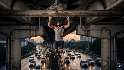 A man dangled from a bridge for a social media stunt, risking his life and distracting motorists. The viral clip sparked outrage and calls for authorities to take strict action. (AI Image)