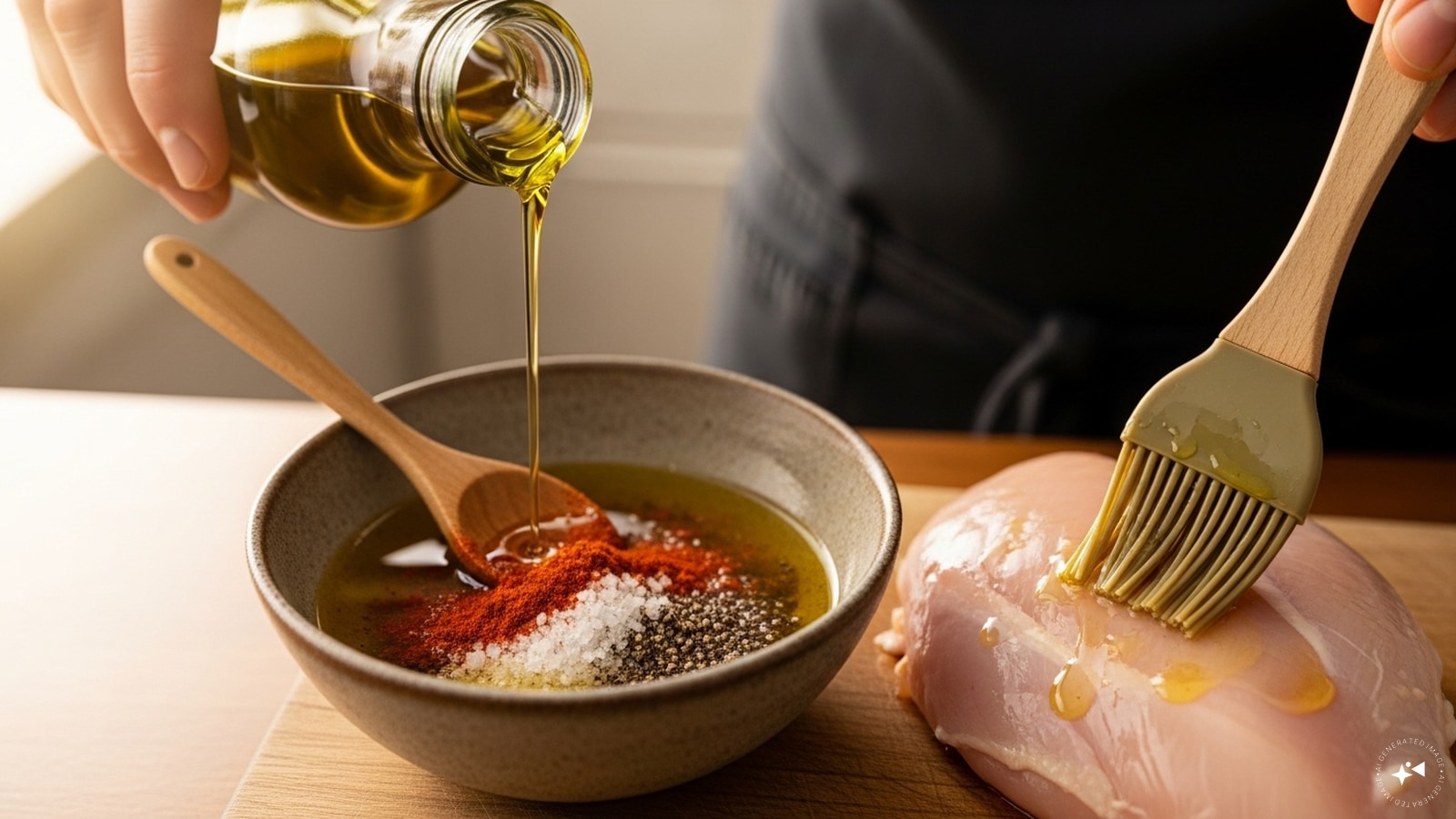 Step 2: Pour the oil into a small bowl. Stir in the paprika, salt and pepper. Brush the oil over the chicken. 